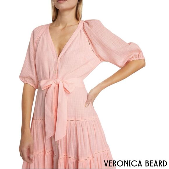 Veronica Beard **NWT** Dewey Tiered Cotton Button-Up Tie Waist Dress Pink Haze - Picture 4 of 11